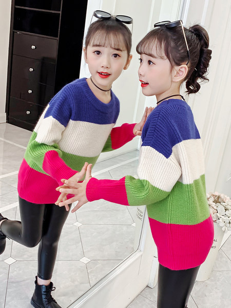 Pulover de iarnă cu guler polo înalt colorat pentru fete