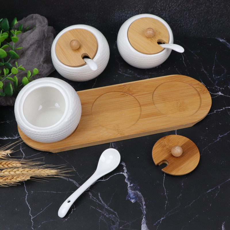 1/3 buc Borcan de condimente din ceramică Recipient de condimente cu capac din bambus Lingură de porțelan Tavă din lemn Cutie de depozitare pentru condimente pentru bucătărie acasă