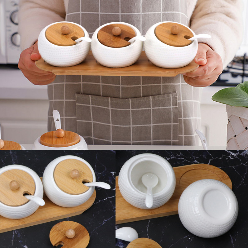 1/3 buc Borcan de condimente din ceramică Recipient de condimente cu capac din bambus Lingură de porțelan Tavă din lemn Cutie de depozitare pentru condimente pentru bucătărie acasă
