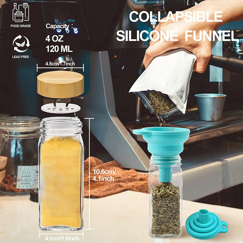 12 vnt. stiklinis prieskonių stiklainis su hermetiškais bambuko dangteliais ir etiketėmis, skaidrūs 4 uncijų tušti kvadratiniai indeliai prieskonių 120 ml laikymo buteliai