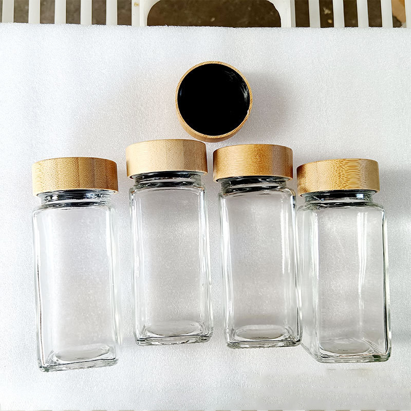 12 vnt. stiklinis prieskonių stiklainis su hermetiškais bambuko dangteliais ir etiketėmis, skaidrūs 4 uncijų tušti kvadratiniai indeliai prieskonių 120 ml laikymo buteliai