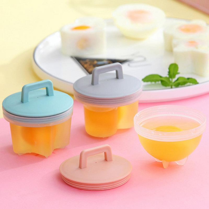 Practic 4 bucăți/set drăguț pentru braconaj de ouă din plastic, fierbător de ouă, unelte pentru gătit ouă, unelte pentru forma de matriță pentru ouă, cu capac, perie, clătite