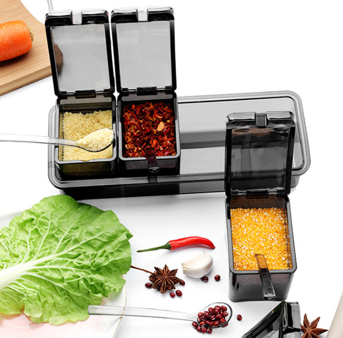 Többfunkciós kanál 4 rekeszes fűszeres doboz tároló tartály Só bors spray cukor fűszer tartály Konyhai tartozékok LA178