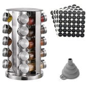 Rozsdamentes acél fűszeres tégely címkével, munkalapon található fűszertorony forgó állványos fűszertartály rendszerező paprika fűszerező edény