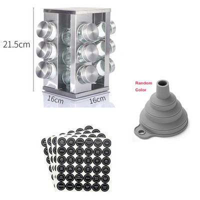 Rozsdamentes acél fűszeres tégely címkével, munkalapon található fűszertorony forgó állványos fűszertartály rendszerező paprika fűszerező edény