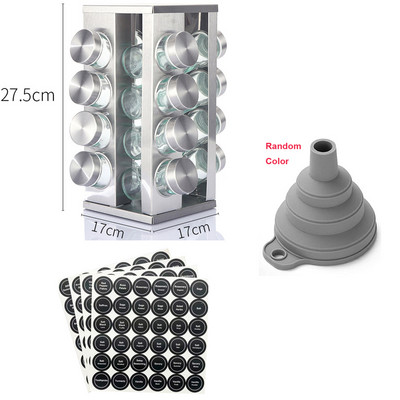 Rozsdamentes acél fűszeres tégely címkével, munkalapon található fűszertorony forgó állványos fűszertartály rendszerező paprika fűszerező edény