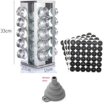 Rozsdamentes acél fűszeres tégely címkével, munkalapon található fűszertorony forgó állványos fűszertartály rendszerező paprika fűszerező edény