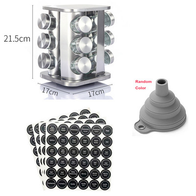 Rozsdamentes acél fűszeres tégely címkével, munkalapon található fűszertorony forgó állványos fűszertartály rendszerező paprika fűszerező edény