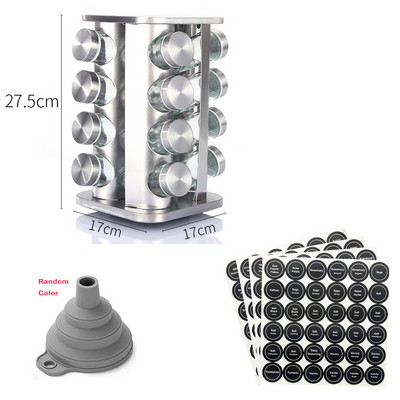 Rozsdamentes acél fűszeres tégely címkével, munkalapon található fűszertorony forgó állványos fűszertartály rendszerező paprika fűszerező edény