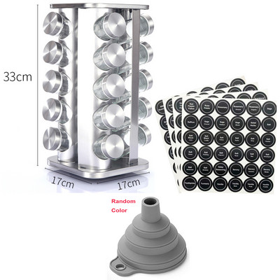 Rozsdamentes acél fűszeres tégely címkével, munkalapon található fűszertorony forgó állványos fűszertartály rendszerező paprika fűszerező edény