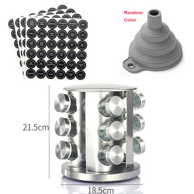 Rozsdamentes acél fűszeres tégely címkével, munkalapon található fűszertorony forgó állványos fűszertartály rendszerező paprika fűszerező edény