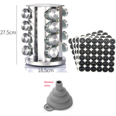 Rozsdamentes acél fűszeres tégely címkével, munkalapon található fűszertorony forgó állványos fűszertartály rendszerező paprika fűszerező edény