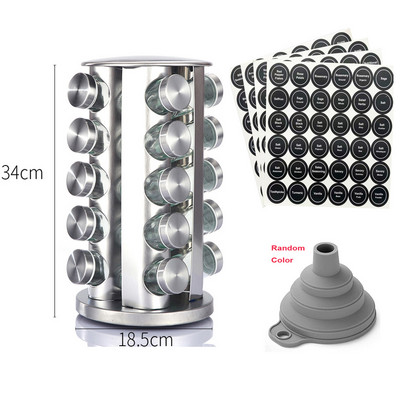 Rozsdamentes acél fűszeres tégely címkével, munkalapon található fűszertorony forgó állványos fűszertartály rendszerező paprika fűszerező edény