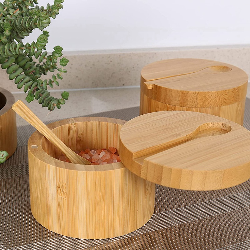 Cutie de condimente de bambus cu capac rotativ Oală de condimente de bambus Oală de condimente cu aspirație magnetică Cutie de sare cu o singură celulă