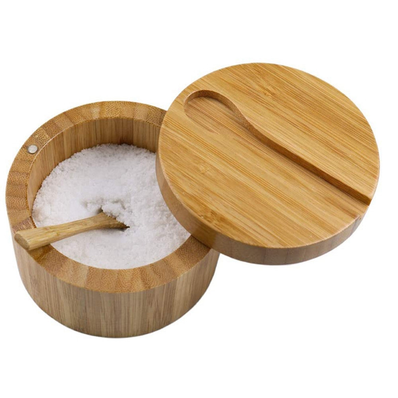 Cutie de condimente de bambus cu capac rotativ Oală de condimente de bambus Oală de condimente cu aspirație magnetică Cutie de sare cu o singură celulă