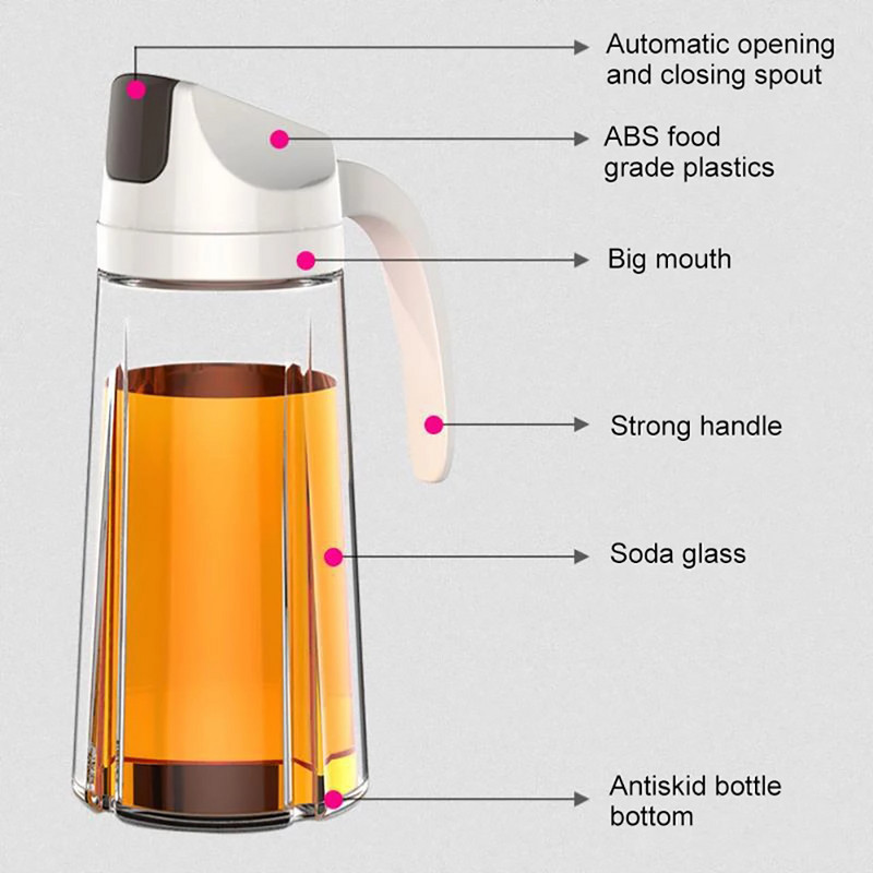 1 db háztartási szivárgásmentes üveg olajos palack automatikus nyitással és zárással, tetővel ellátott olajos flakon konyhai fűszeres palack