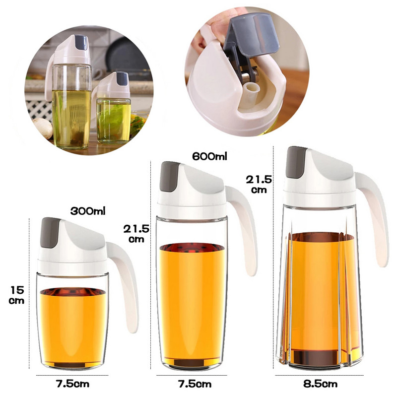 1 db háztartási szivárgásmentes üveg olajos palack automatikus nyitással és zárással, tetővel ellátott olajos flakon konyhai fűszeres palack