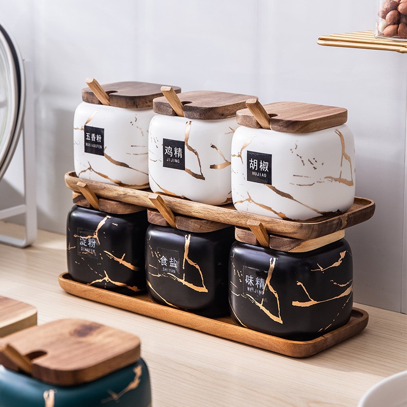 Kerámia fűszertartó készlet konyhai márvány tároló palack fa fedeles sótartó Cukortál Fűszertartó készlet Konyhai kiegészítők