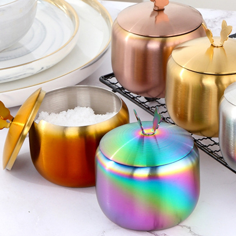 Recipiente de condimente din oțel inoxidabil de aur de bucătărie Borcan de condimente Bol de zahăr cu capac Sare Piper Organizatori de depozitare pentru zahăr