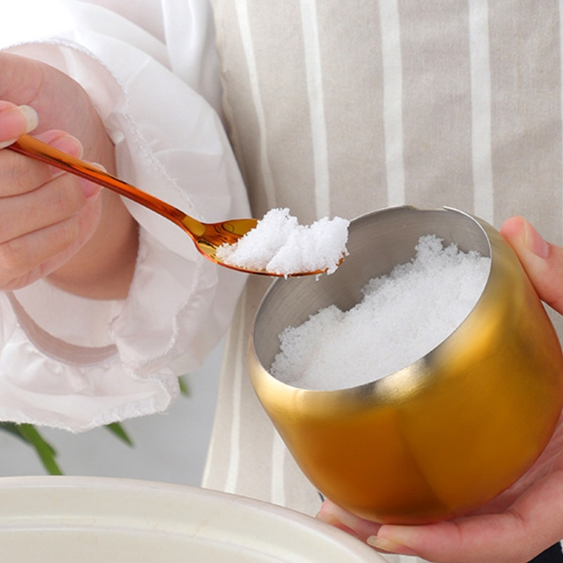 Recipiente de condimente din oțel inoxidabil de aur de bucătărie Borcan de condimente Bol de zahăr cu capac Sare Piper Organizatori de depozitare pentru zahăr