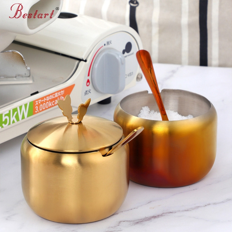 Recipiente de condimente din oțel inoxidabil de aur de bucătărie Borcan de condimente Bol de zahăr cu capac Sare Piper Organizatori de depozitare pentru zahăr