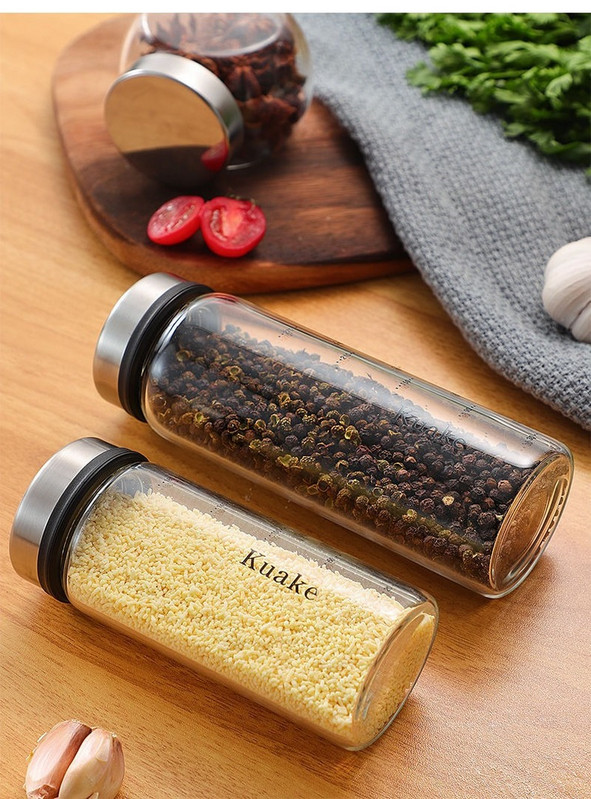 Cutie de condimente din sticlă borosilicată cu condimente pentru piper, condimente, sare de bucătărie, susan, sticlă solidă pentru condimente, cu capac rotativ