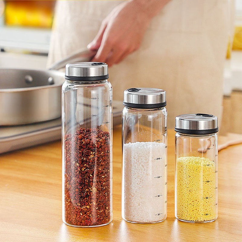 Cutie de condimente din sticlă borosilicată cu condimente pentru piper, condimente, sare de bucătărie, susan, sticlă solidă pentru condimente, cu capac rotativ