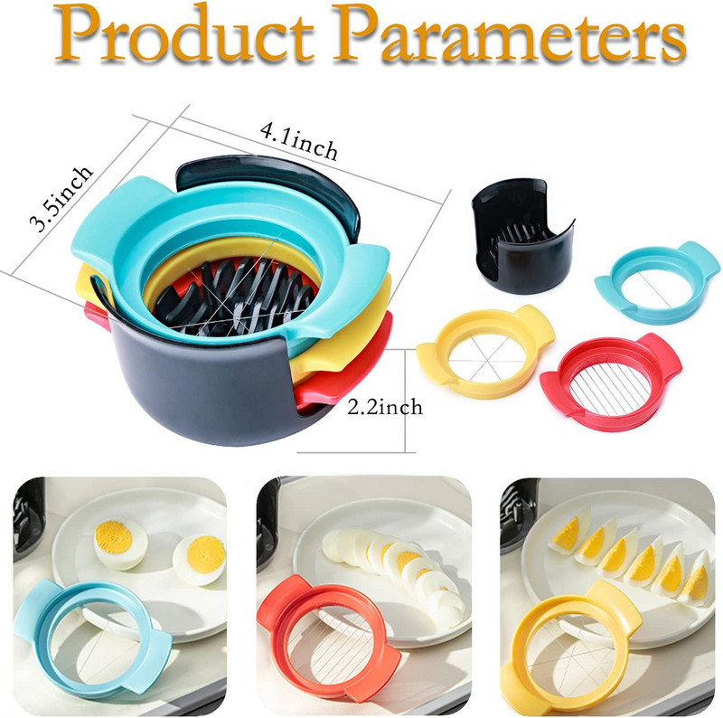 3 az 1-ben tojásszeletelő rozsdamentes acél pengék és csúszásmentes alap többszerszámos ékszelet főtt tojáshoz Gyümölcsgomba paradicsom