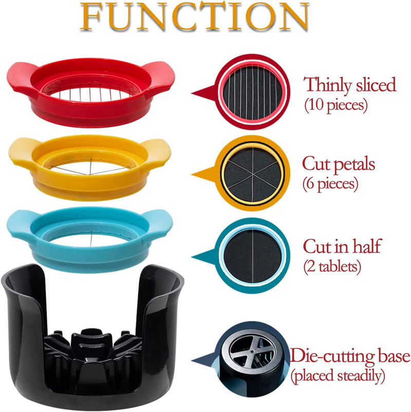 3 az 1-ben tojásszeletelő rozsdamentes acél pengék és csúszásmentes alap többszerszámos ékszelet főtt tojáshoz Gyümölcsgomba paradicsom