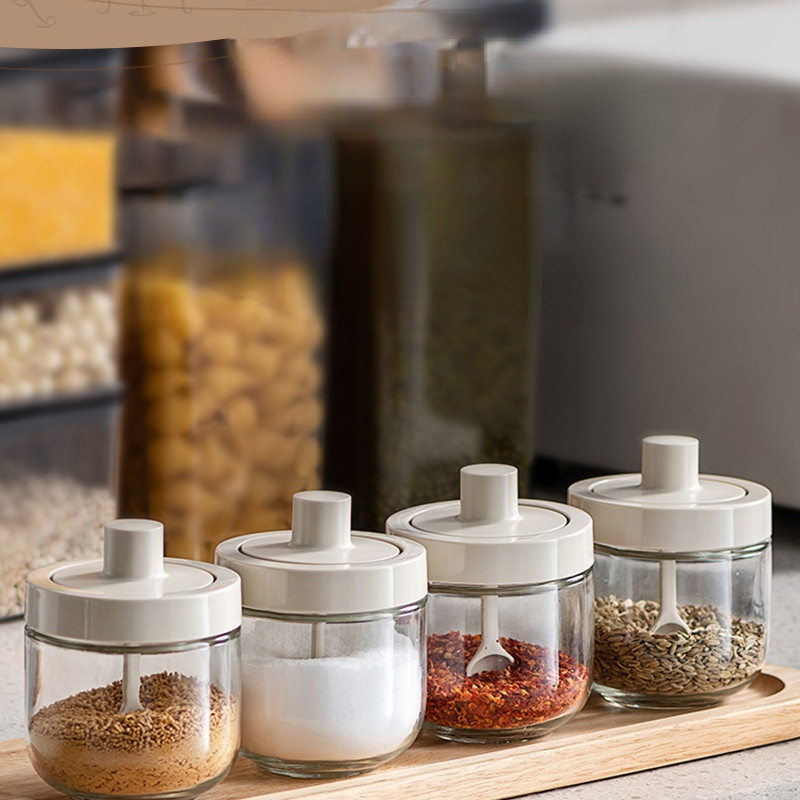 Micca Borcan de condimente Sticla de sticlă de condimente Piper Sare Cutie de condimente Oală de miere Ulei cu perie Lingură Recipiente de bucătărie transparentă pentru condimente