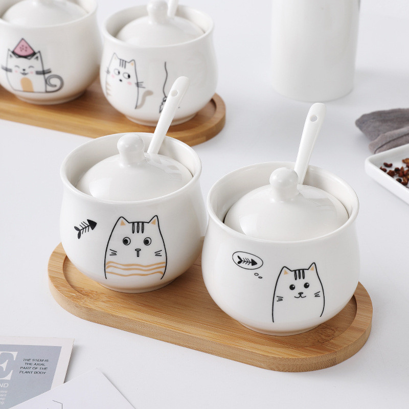 300 ml-es kerámia fűszeres tégely tetővel kanál macskafűszeres tégely fűszeres doboz Kreatív konyhai kellékek Só Cukor fűszerezés Főoldal