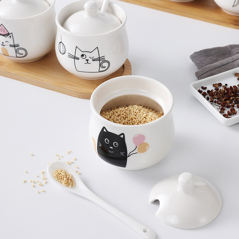 300 ml-es kerámia fűszeres tégely tetővel kanál macskafűszeres tégely fűszeres doboz Kreatív konyhai kellékek Só Cukor fűszerezés Főoldal