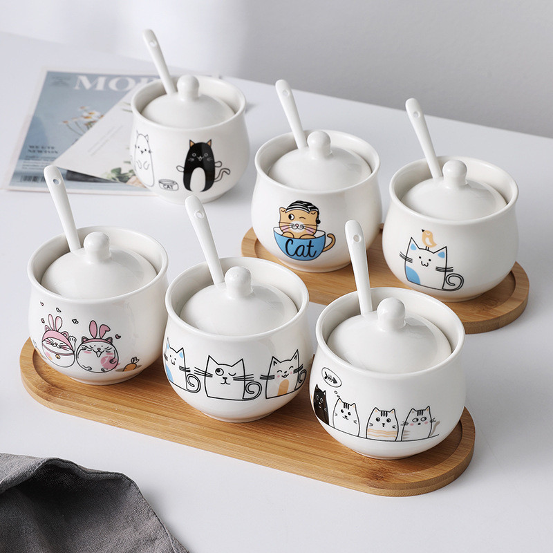 300 ml-es kerámia fűszeres tégely tetővel kanál macskafűszeres tégely fűszeres doboz Kreatív konyhai kellékek Só Cukor fűszerezés Főoldal