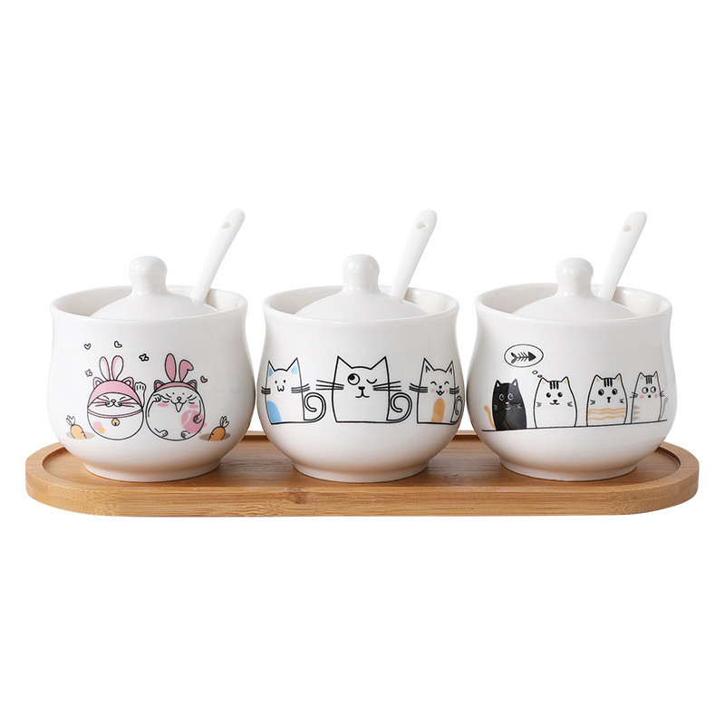 300 ml-es kerámia fűszeres tégely tetővel kanál macskafűszeres tégely fűszeres doboz Kreatív konyhai kellékek Só Cukor fűszerezés Főoldal