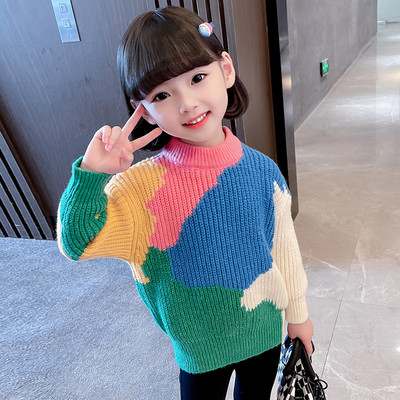 Naujo modelio spalvos megztinis apvaliu kaklu ilgomis rankovėmis mergaitei