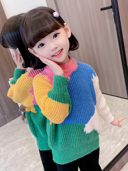 Naujo modelio spalvos megztinis apvaliu kaklu ilgomis rankovėmis mergaitei