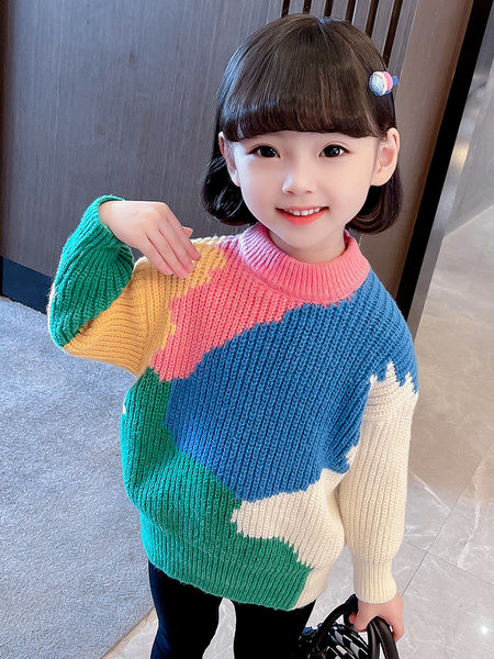 Naujo modelio spalvos megztinis apvaliu kaklu ilgomis rankovėmis mergaitei