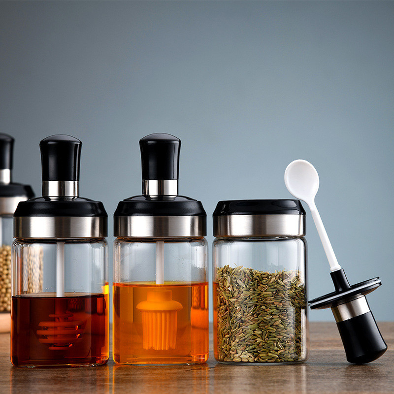 Namų stiklinės prieskonių dėžutės šaukštas ir dangtelis Integruotas prieskonių indelio derinys prieskonių stiklainis Virtuvės reikmenys Namų druskos plaktuvas aliejaus butelis