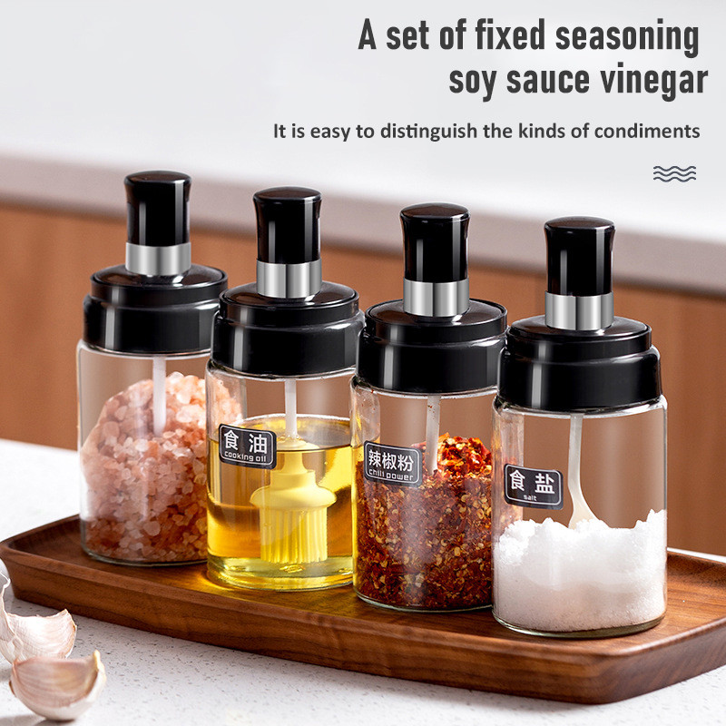 Namų stiklinės prieskonių dėžutės šaukštas ir dangtelis Integruotas prieskonių indelio derinys prieskonių stiklainis Virtuvės reikmenys Namų druskos plaktuvas aliejaus butelis