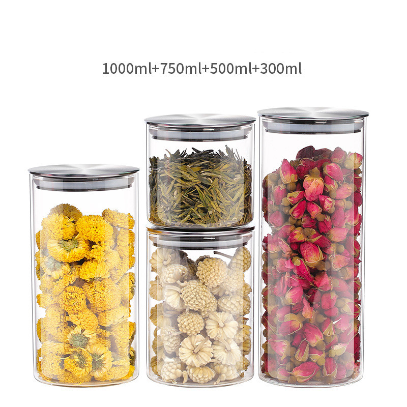 Talpykla grūdų stikliniams indams su nerūdijančio plieno dangteliu Stikliniai prieskonių stiklainiai Maisto 304 klasės nerūdijančio plieno laikymo bakas