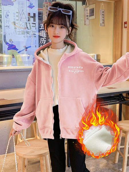 Hanorac sport căptușit cu glugă și închidere cu fermoar pentru fete