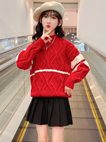Παιδικό πλεκτό πουλόβερ με στρογγυλή λαιμόκοψη σε κόκκινο χρώμα