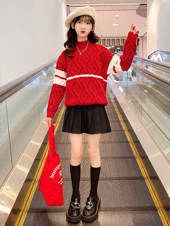 Παιδικό πλεκτό πουλόβερ με στρογγυλή λαιμόκοψη σε κόκκινο χρώμα