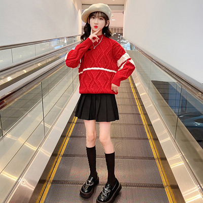 Pulover tricotat pentru copii cu decolteu rotund de culoare rosie