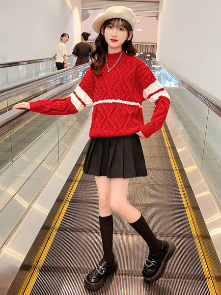 Pulover tricotat pentru copii cu decolteu rotund de culoare rosie