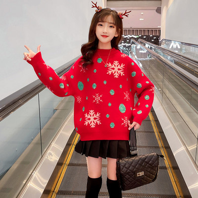 Vaikiškas kalėdinis megztinis su ovalia iškirpte – raudonos spalvos