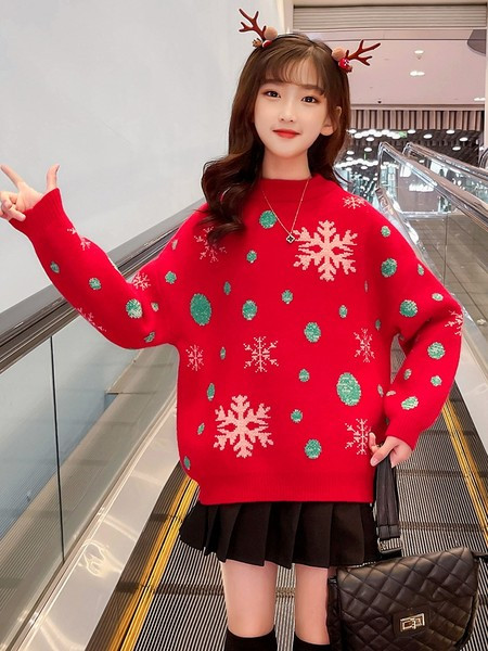 Vaikiškas kalėdinis megztinis su ovalia iškirpte – raudonos spalvos