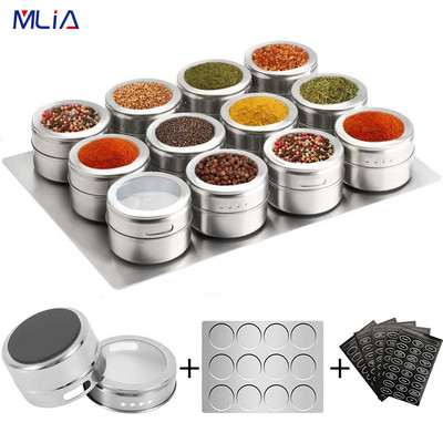 MLIA Μαγνητικά βάζα μπαχαρικών με ετικέτες μπαχαρικών από ανοξείδωτο ατσάλι Μαγνητικά δοχεία μπαχαρικών με μαγνητική βάση τοίχου στο ψυγείο