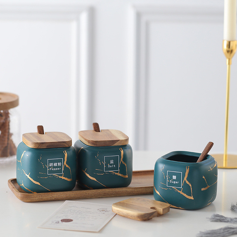Set borcane din ceramică pentru condimente din marmură Oală pentru condimente Bucătărie Cutie de depozitare alimente Capac recipient Accesorii Raft Sare Zahăr Piper Shaker