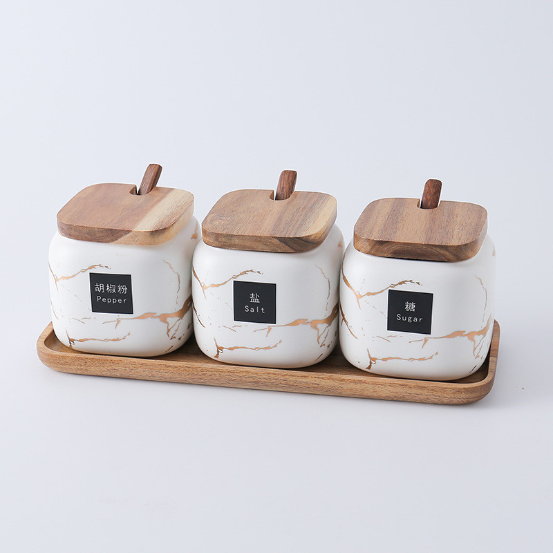 Set borcane din ceramică pentru condimente din marmură Oală pentru condimente Bucătărie Cutie de depozitare alimente Capac recipient Accesorii Raft Sare Zahăr Piper Shaker